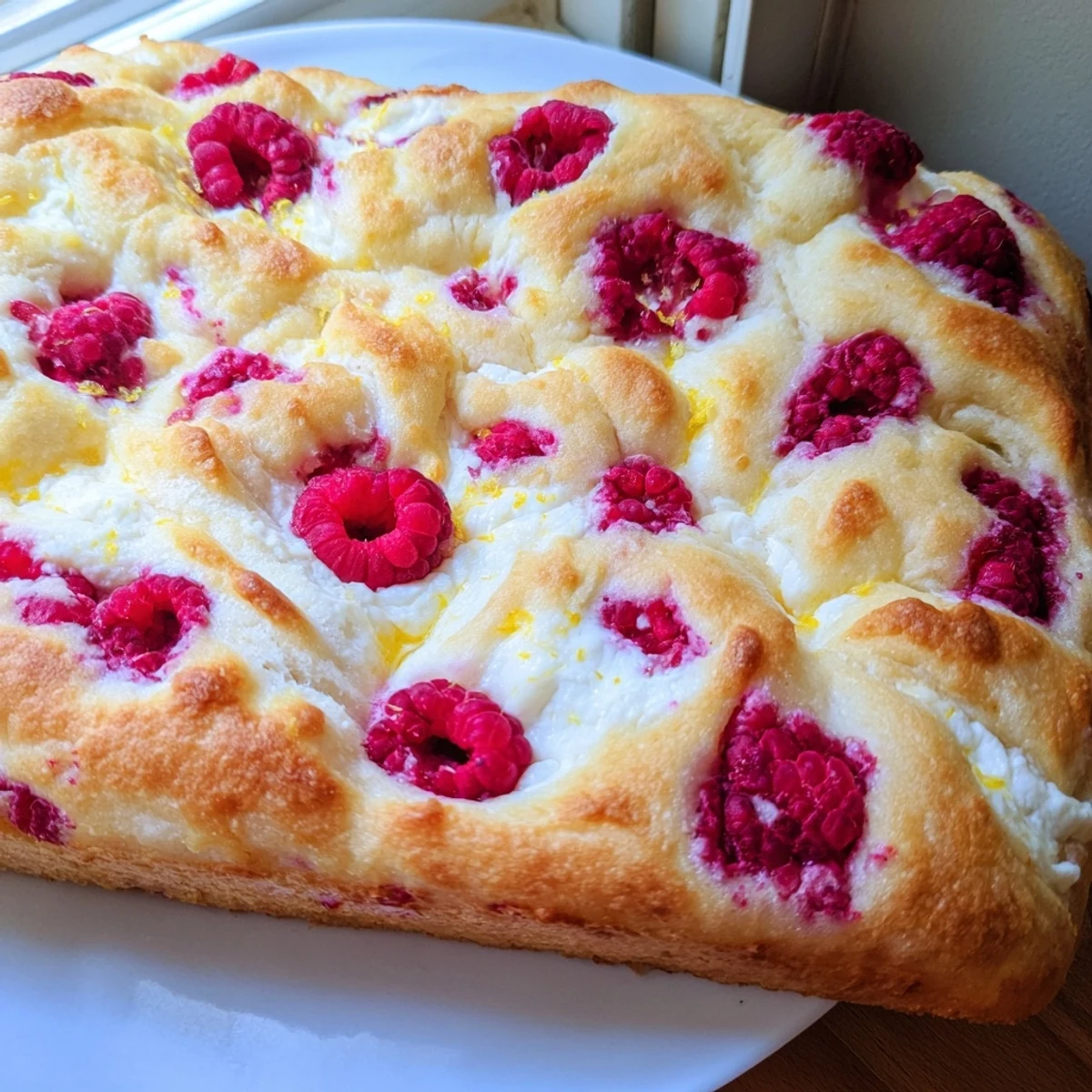 Golden sweet and tangy raspberry cheesecake sourdough focaccia topped with fresh berries and creamy swirls