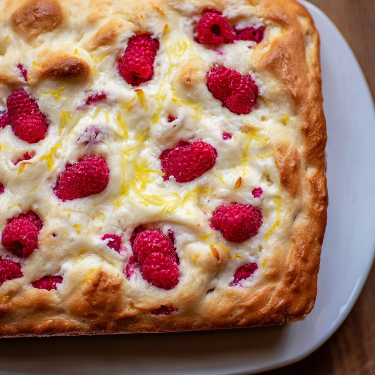 Airy sourdough focaccia baked with velvety cheesecake ribbons and vibrant raspberries for a stunning dessert bread