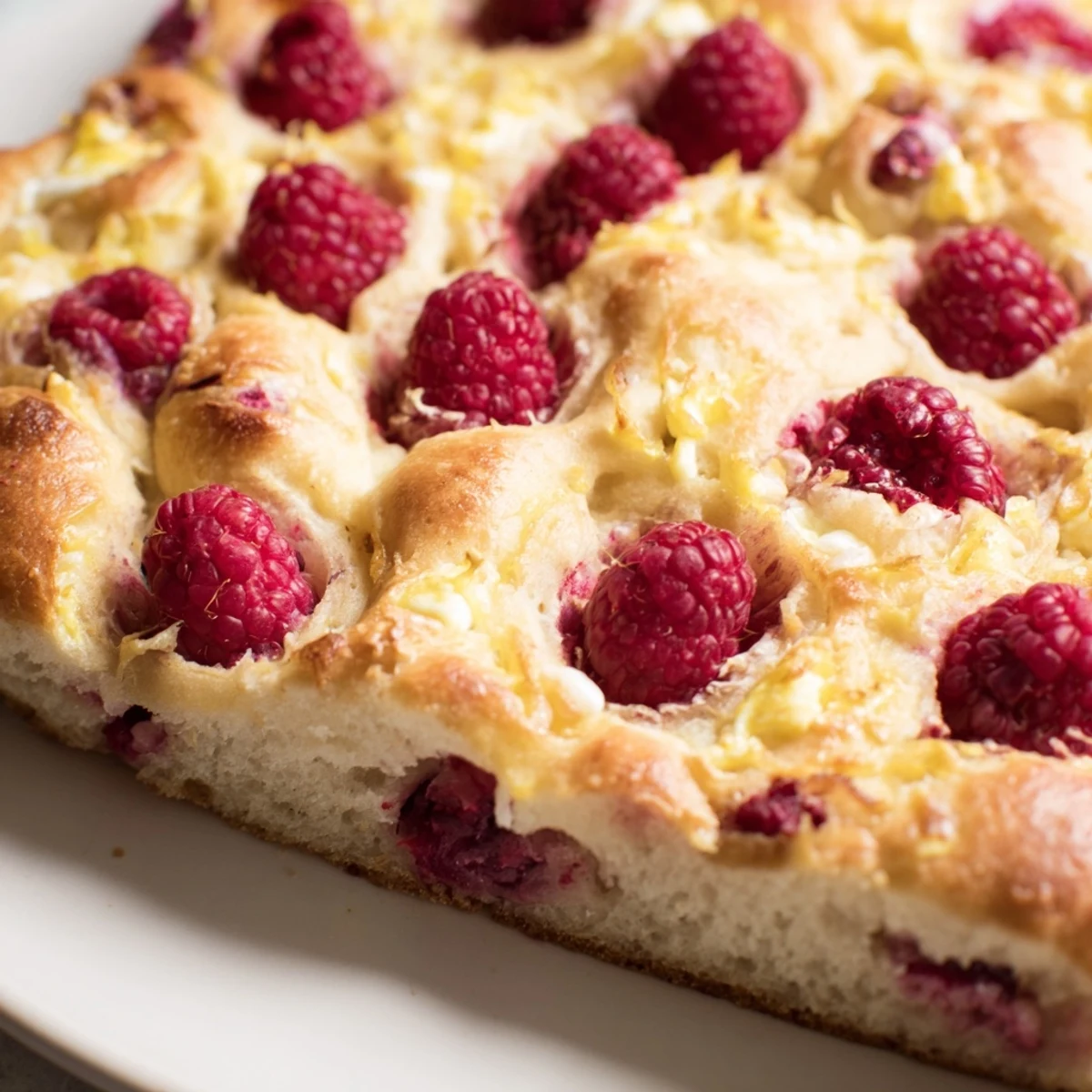 Rustic sourdough focaccia featuring tangy raspberries and sweet cheesecake marbling on a golden brown crust