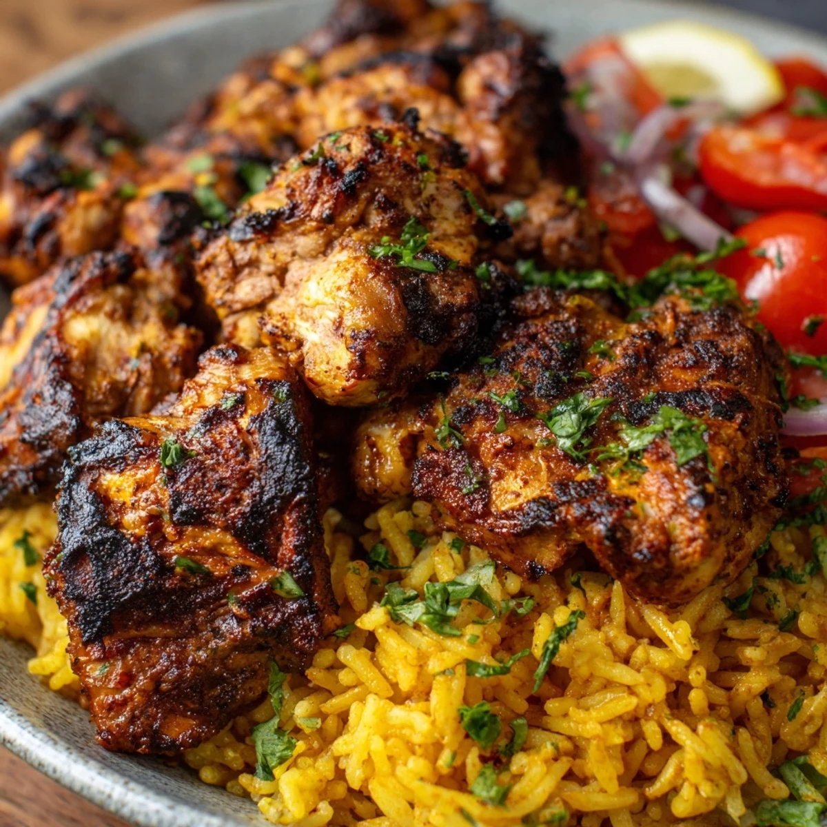 Tender one pot shawarma chicken and rice garnished with fresh parsley and served with creamy yogurt sauce