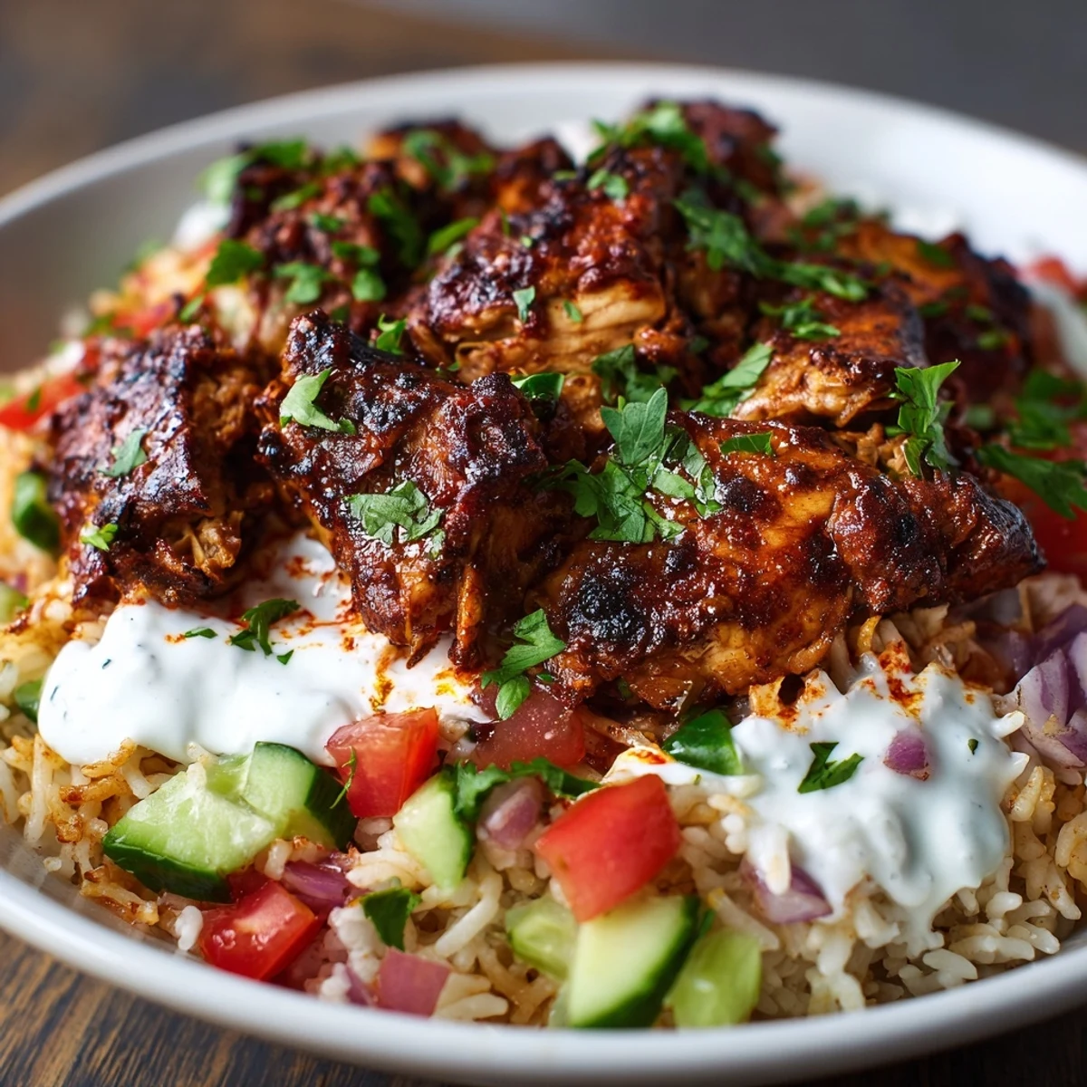 Golden shawarma chicken thighs nestled atop spiced yellow rice with colorful diced vegetables in a single pot