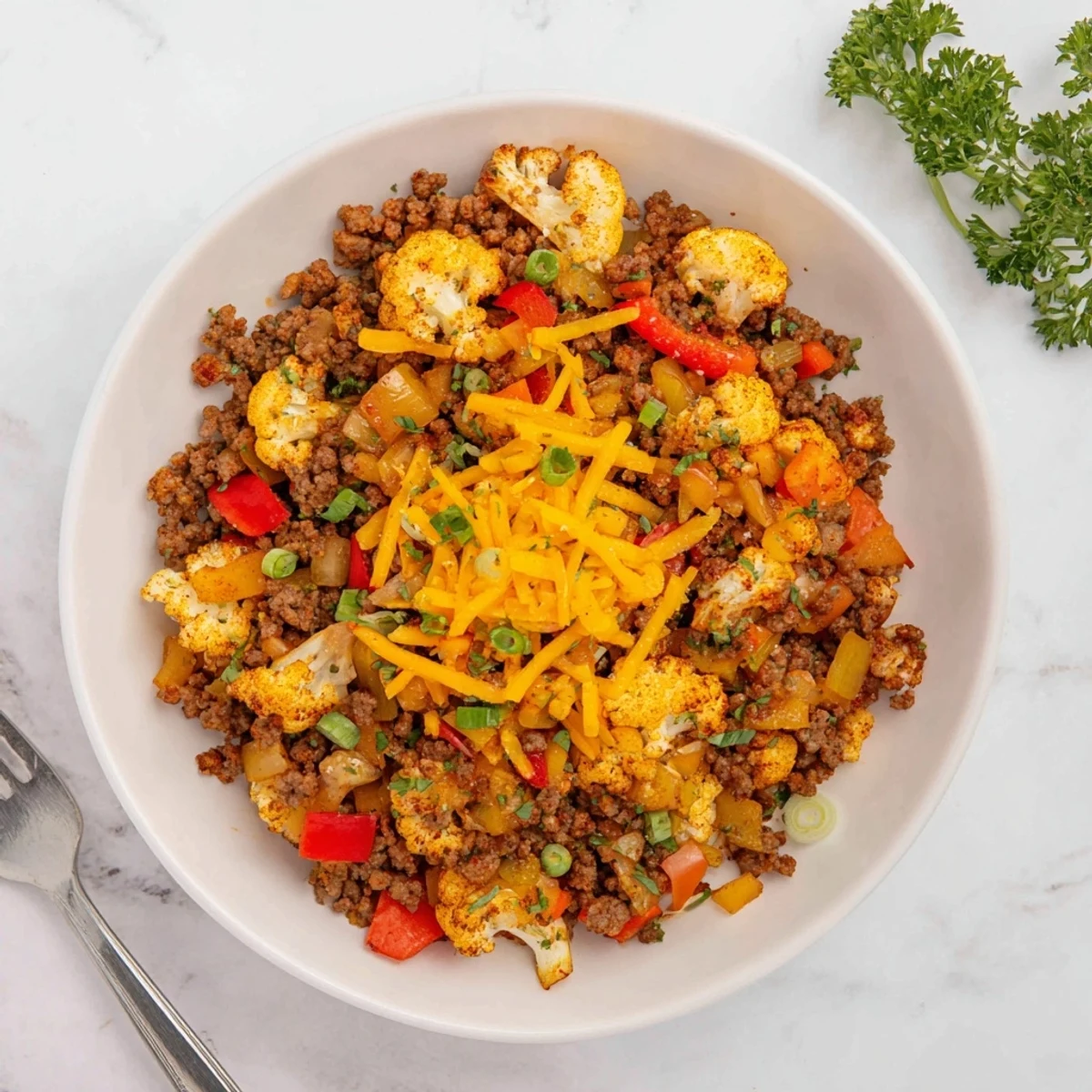 Golden skillet of cauliflower and ground beef hash with tender florets and savory browned meat