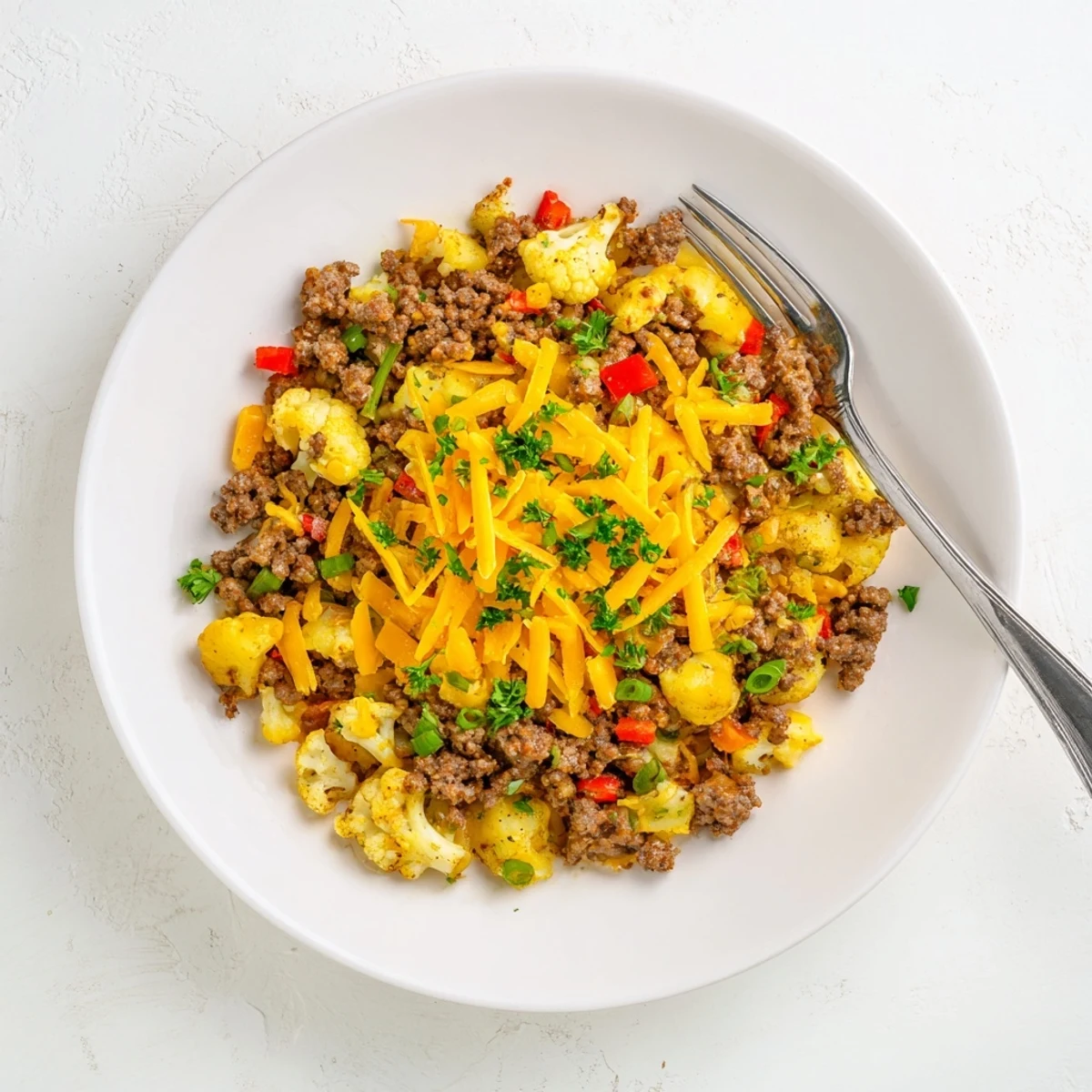 Colorful cast iron skillet featuring cauliflower and ground beef hash with red peppers and parsley garnish