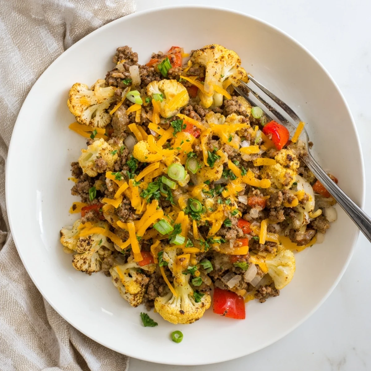 Hearty low-carb cauliflower and ground beef hash topped with melted cheddar and fresh green onions