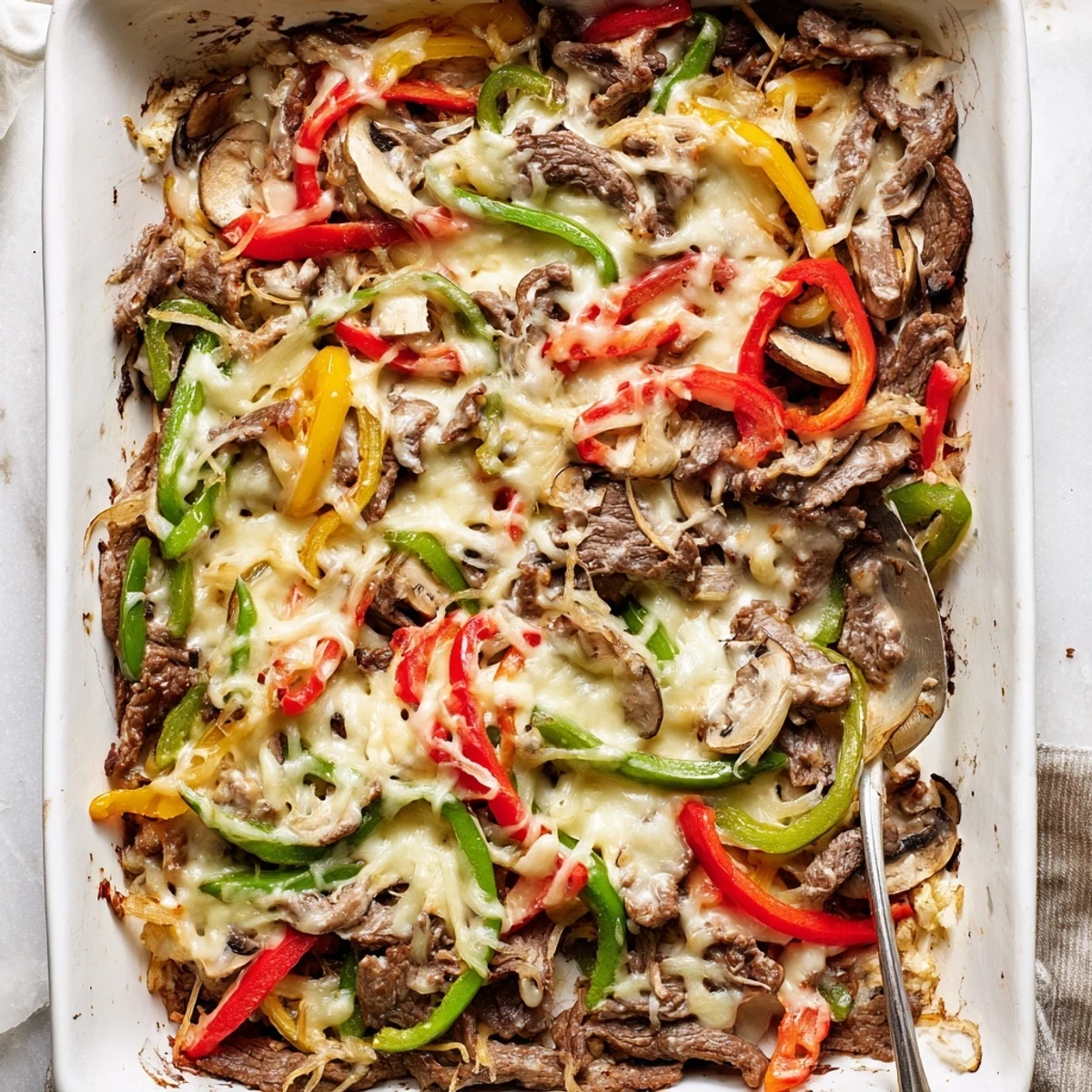 Golden melted cheese blankets tender beef and colorful peppers in this low carb Philly cheesesteak casserole baked to bubbling perfection