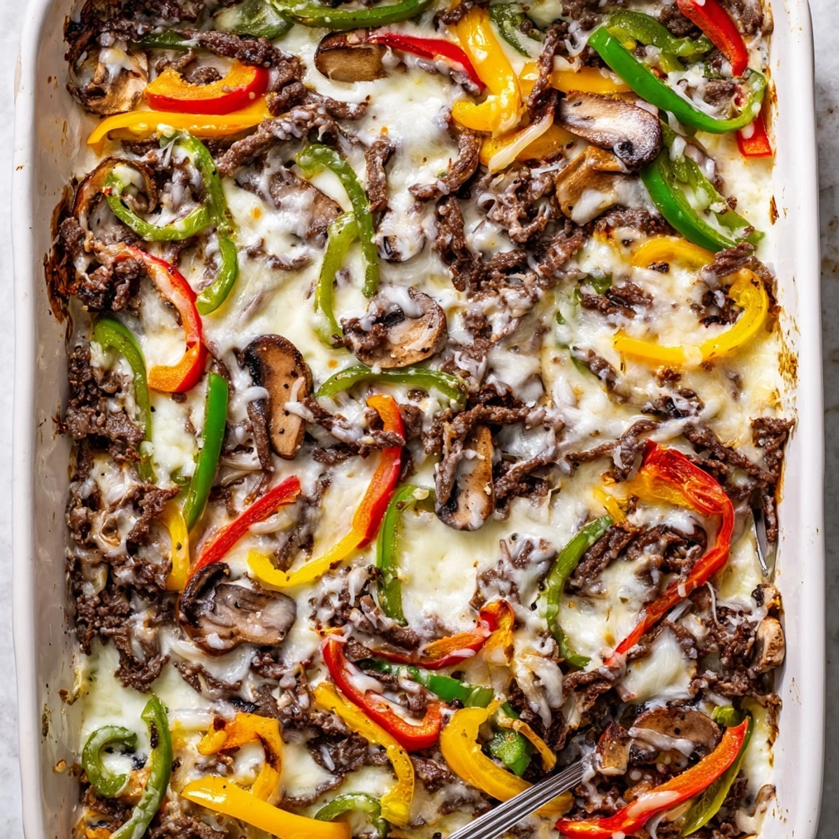 Savory sliced beef and sautéed vegetables smothered in provolone mozzarella create this irresistible low carb Philly cheesesteak casserole
