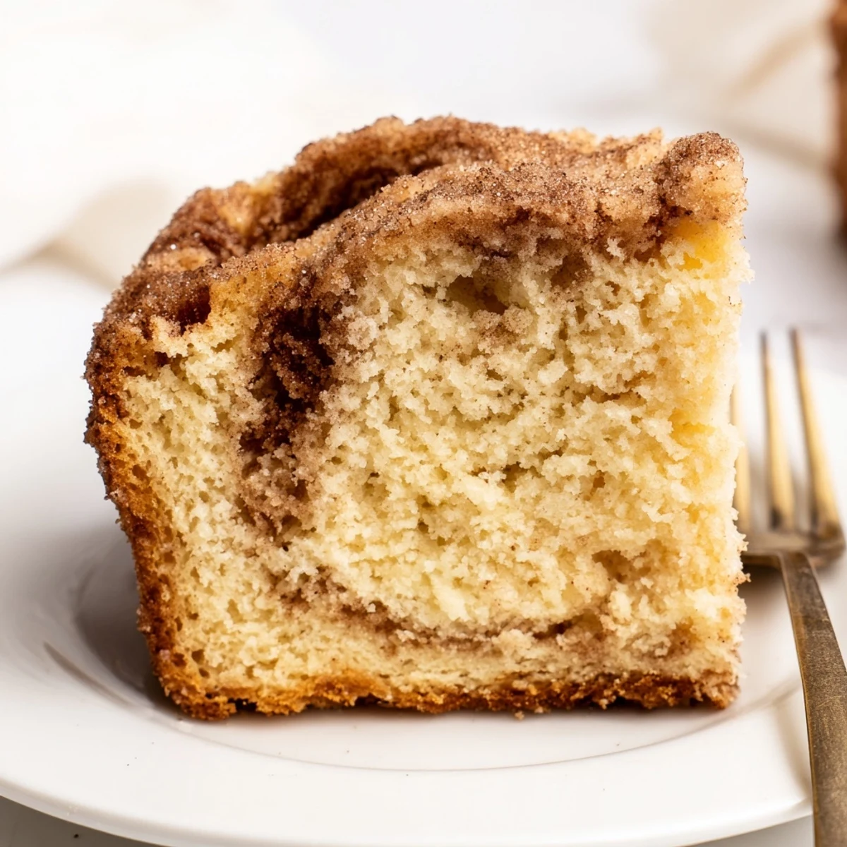 Slice of warm cinnamon sugar donut bread revealing its moist tender interior