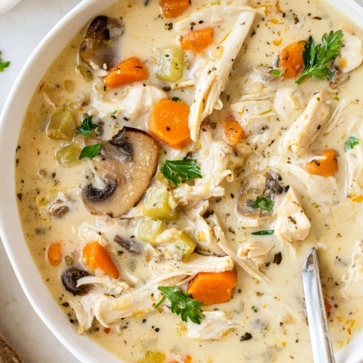 Creamy rotisserie chicken mushroom soup with tender shredded chicken in a velvety white broth garnished with fresh parsley.