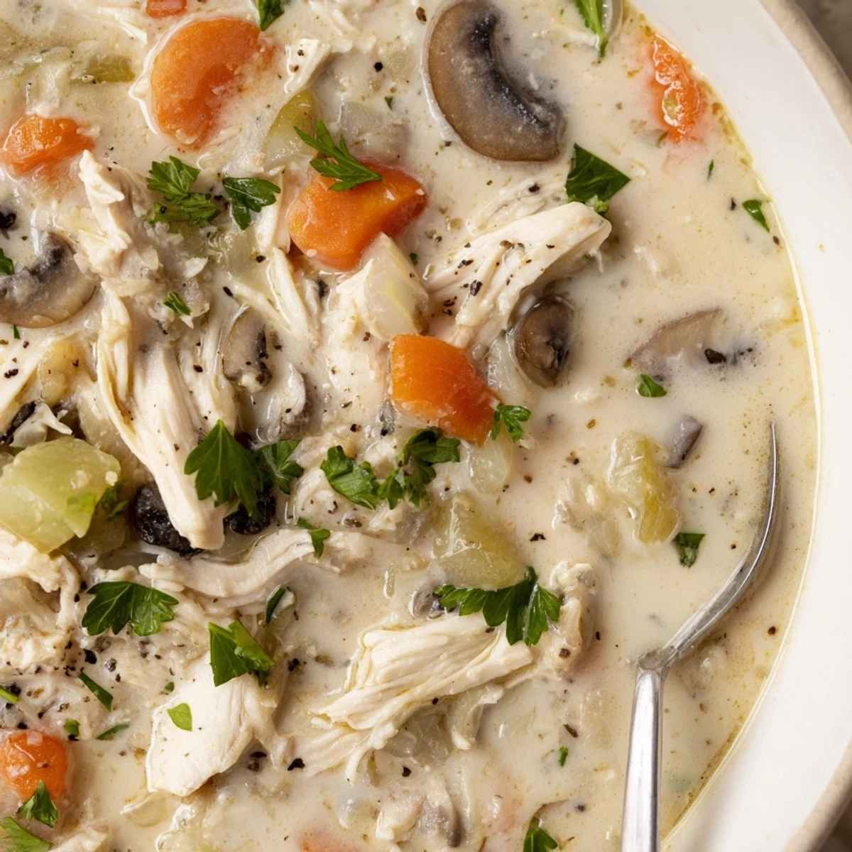 Bowl of homemade creamy rotisserie chicken mushroom soup featuring sliced mushrooms and shredded chicken in a rich cream base.