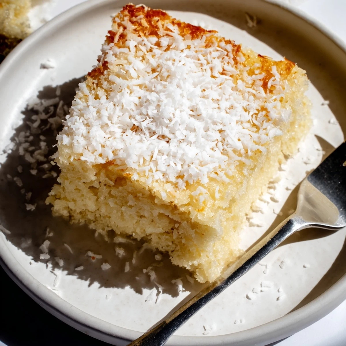 Golden brown coconut mochi cake topped with toasted shredded coconut and cut into chewy squares