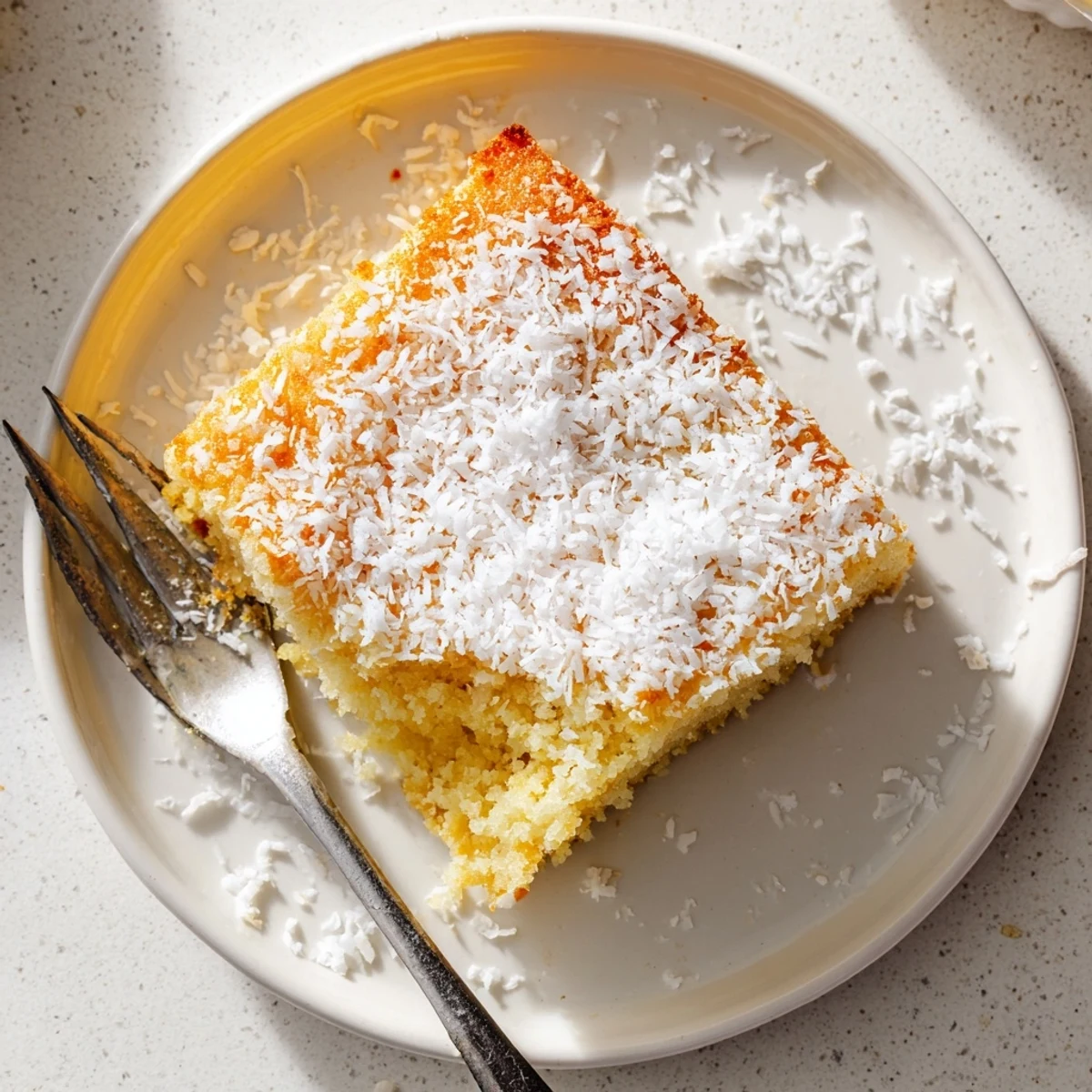 Gluten-free coconut mochi cake featuring a golden crust and soft chewy texture on a white plate