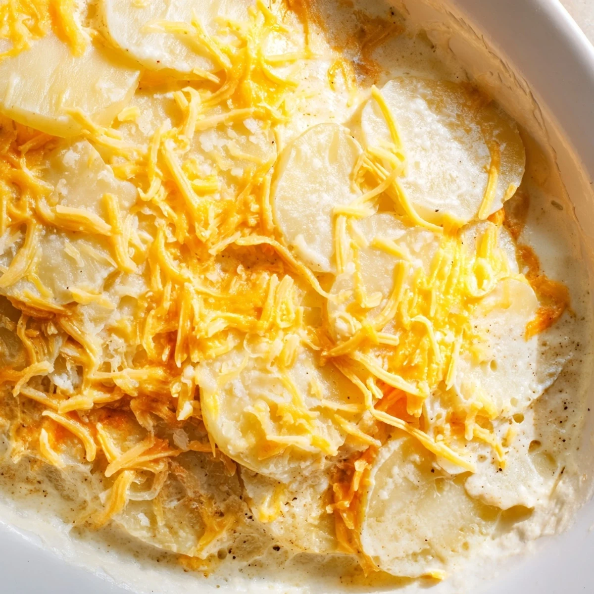 Golden cheesy scalloped potatoes bubbling in a baking dish with melted cheddar topping