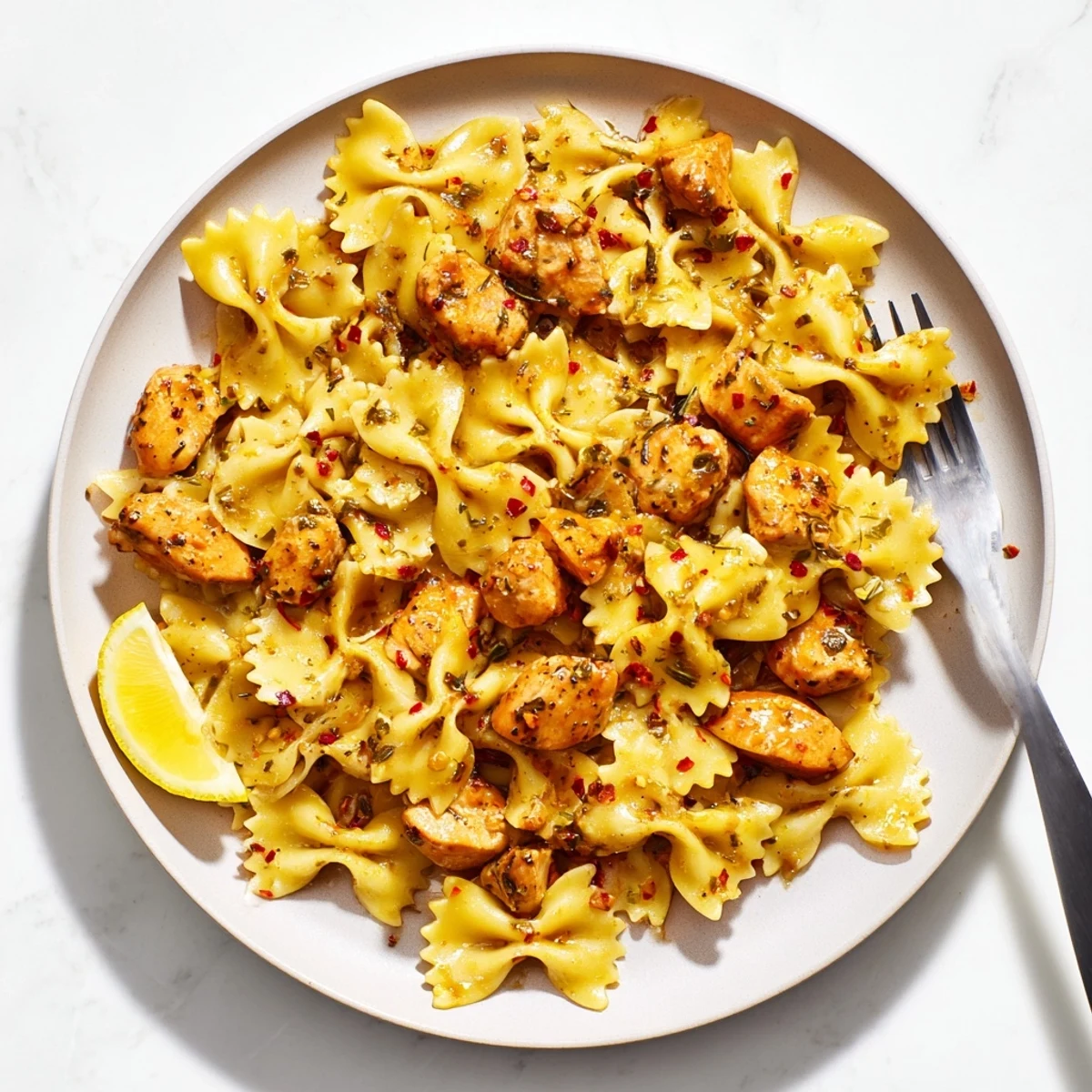 Tender keto-friendly chicken and pasta tossed in rich buttery lemon sauce with red pepper flakes and fresh parsley