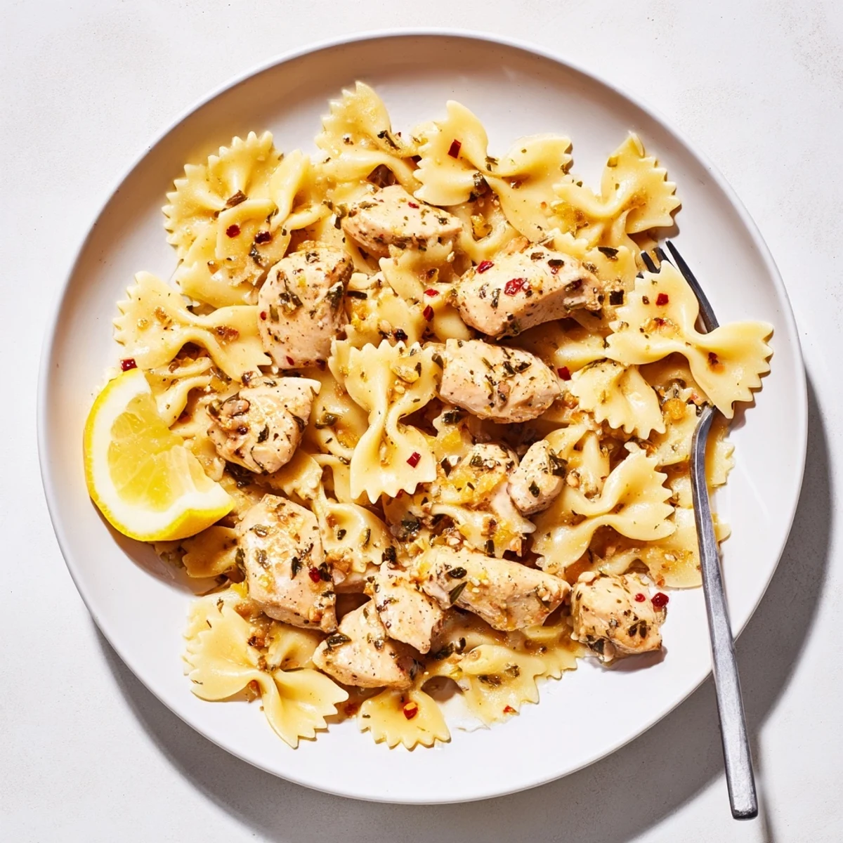 Golden brown chicken pieces and low-carb bowtie pasta coated in zesty lemon cowboy butter sauce with herbs