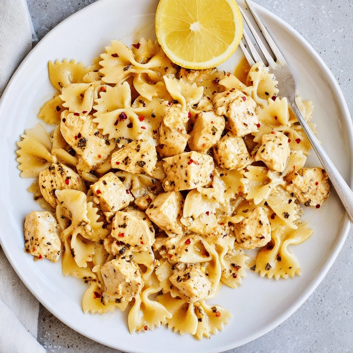 Sizzling bowl of low carb cowboy butter lemon bowtie chicken garnished with lemon wedges and chopped herbs