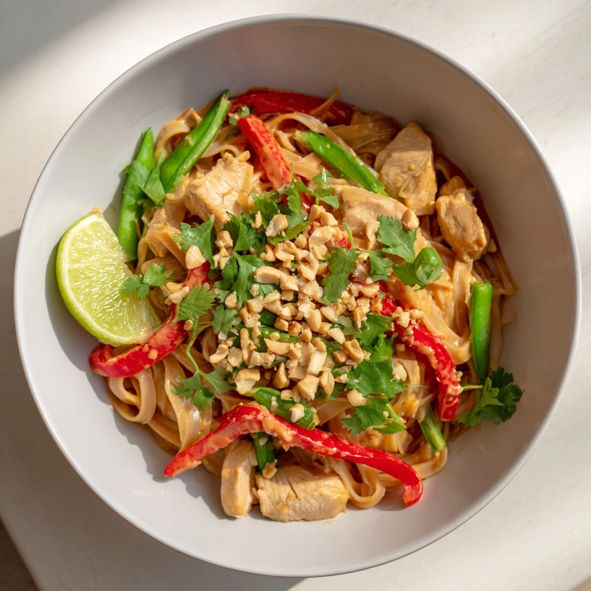 Colorful rice noodle bowl topped with tender chicken slices and creamy spicy peanut sauce