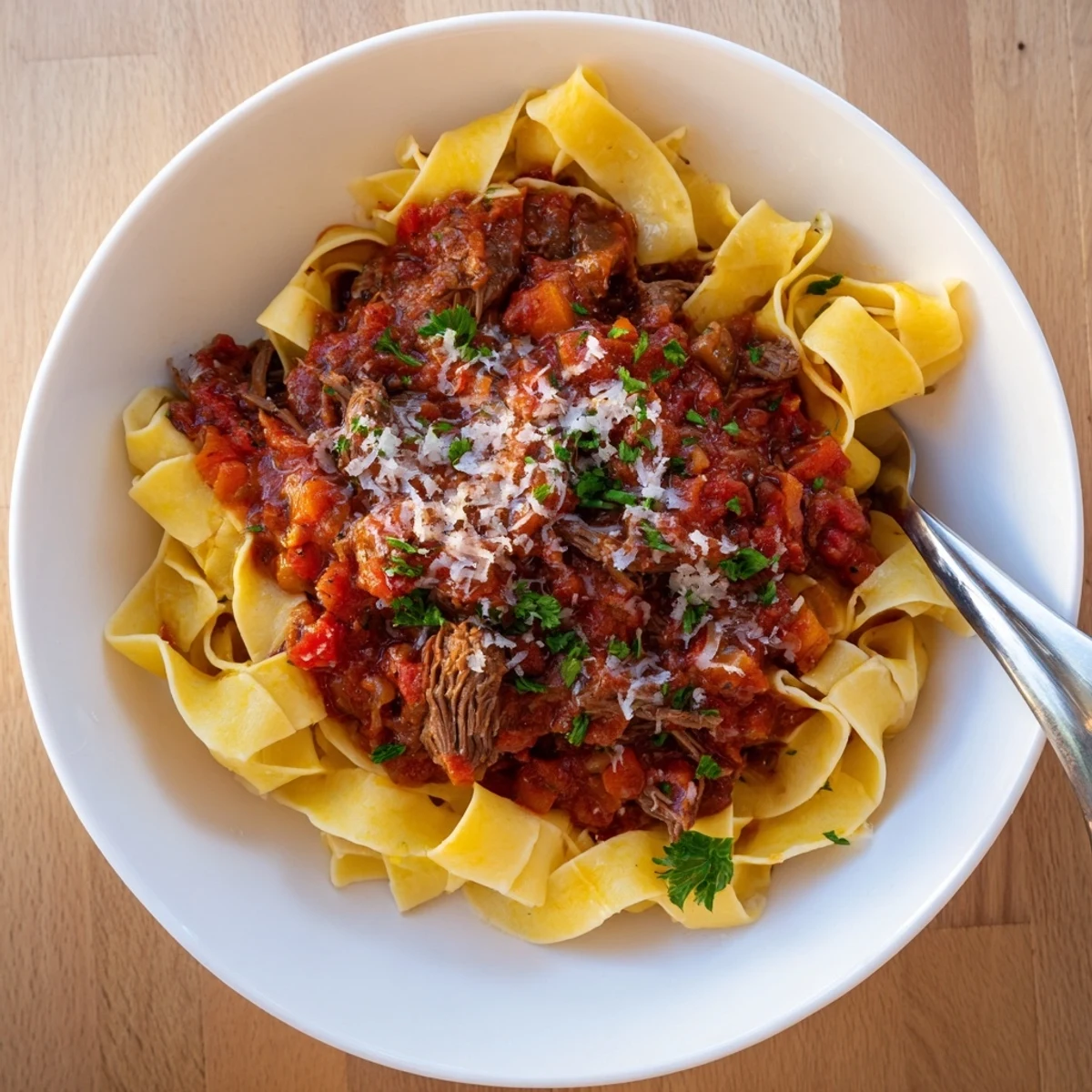 Slow cooker beef ragu with tender shredded beef in rich tomato sauce over pasta