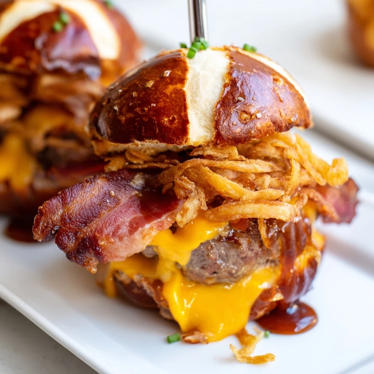 Golden pretzel buns cradle beef patties topped with sharp cheddar, fried onions, and smoky bacon for these hearty sliders