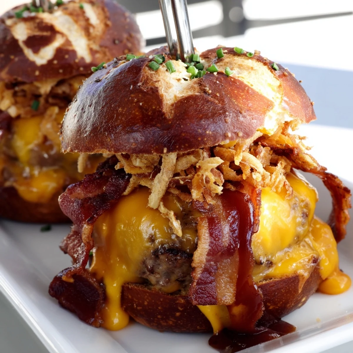 Mouthwatering pretzel cowboy sliders featuring grilled beef, bubbly cheese, crispy fried onions, and a drizzle of sweet barbecue sauce