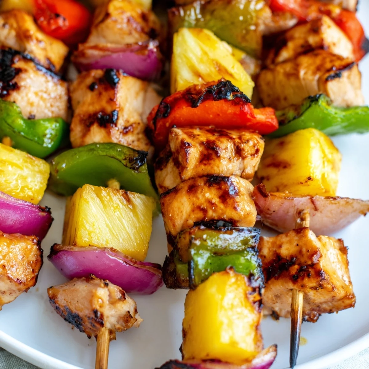 Golden grilled pineapple chicken kabops with colorful peppers and char marks on skewers