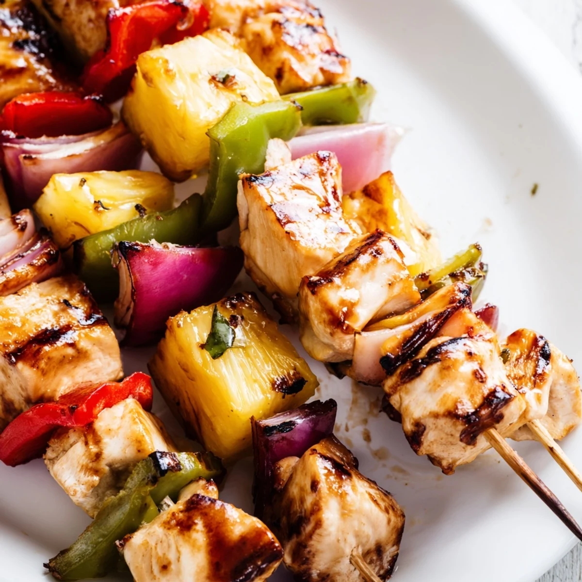 Tender marinated chicken and sweet pineapple threaded on skewers with red and green peppers