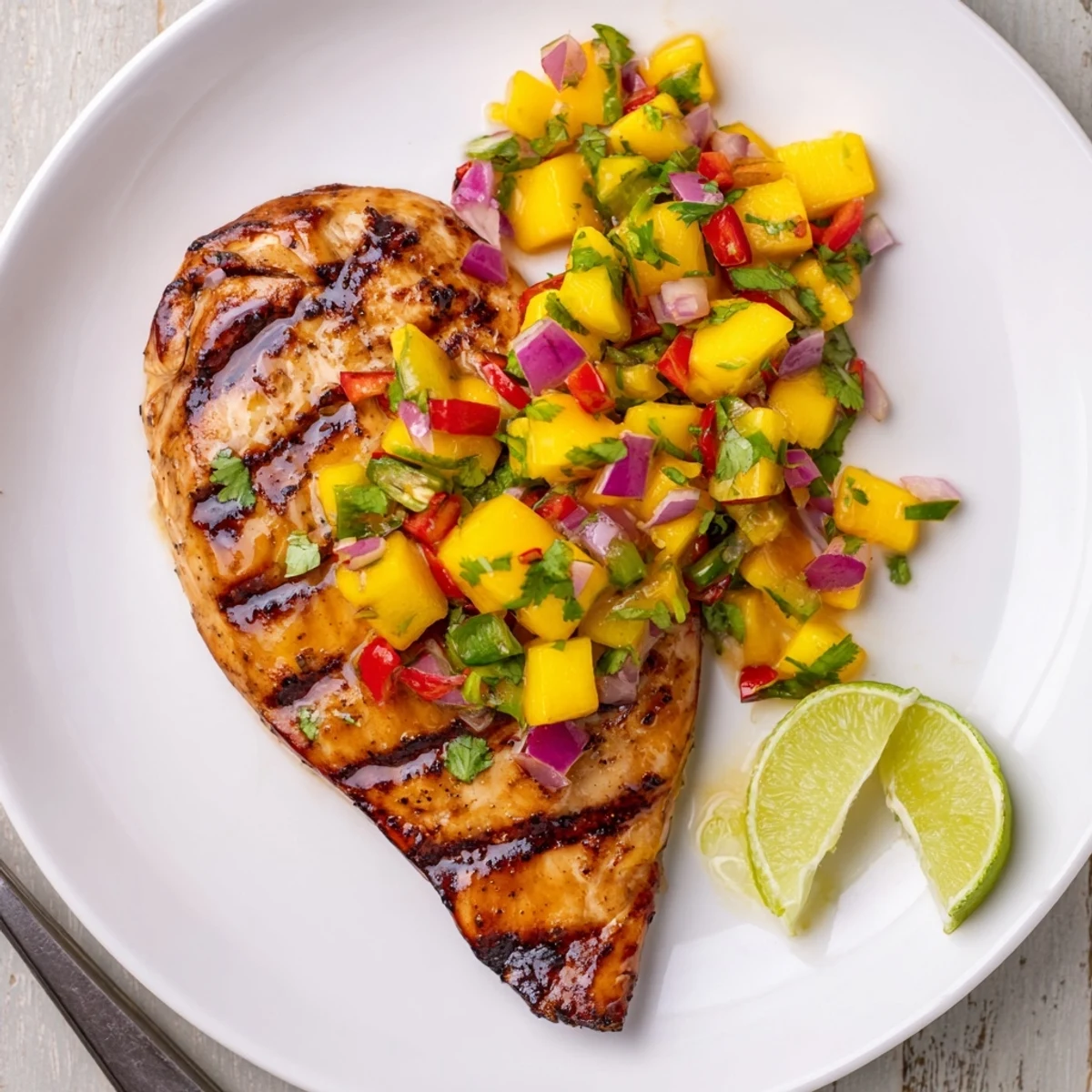 Golden grilled honey lime chicken breasts topped with bright, colorful mango salsa and fresh cilantro garnish