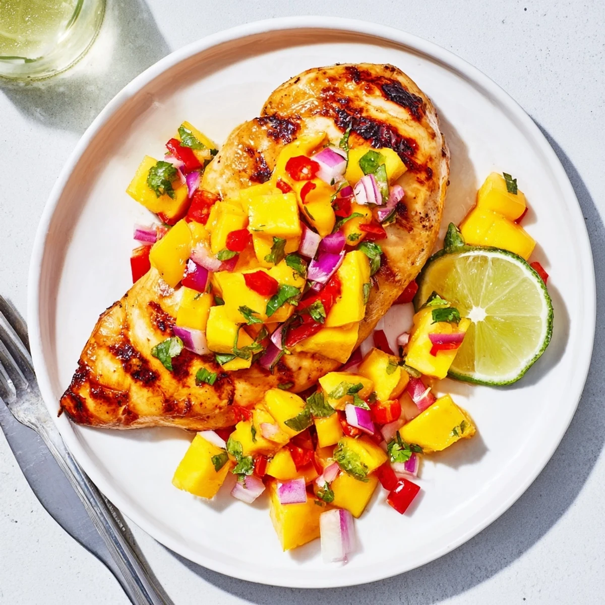 Juicy honey lime chicken featuring tender grilled meat smothered in sweet tropical mango salsa with red pepper