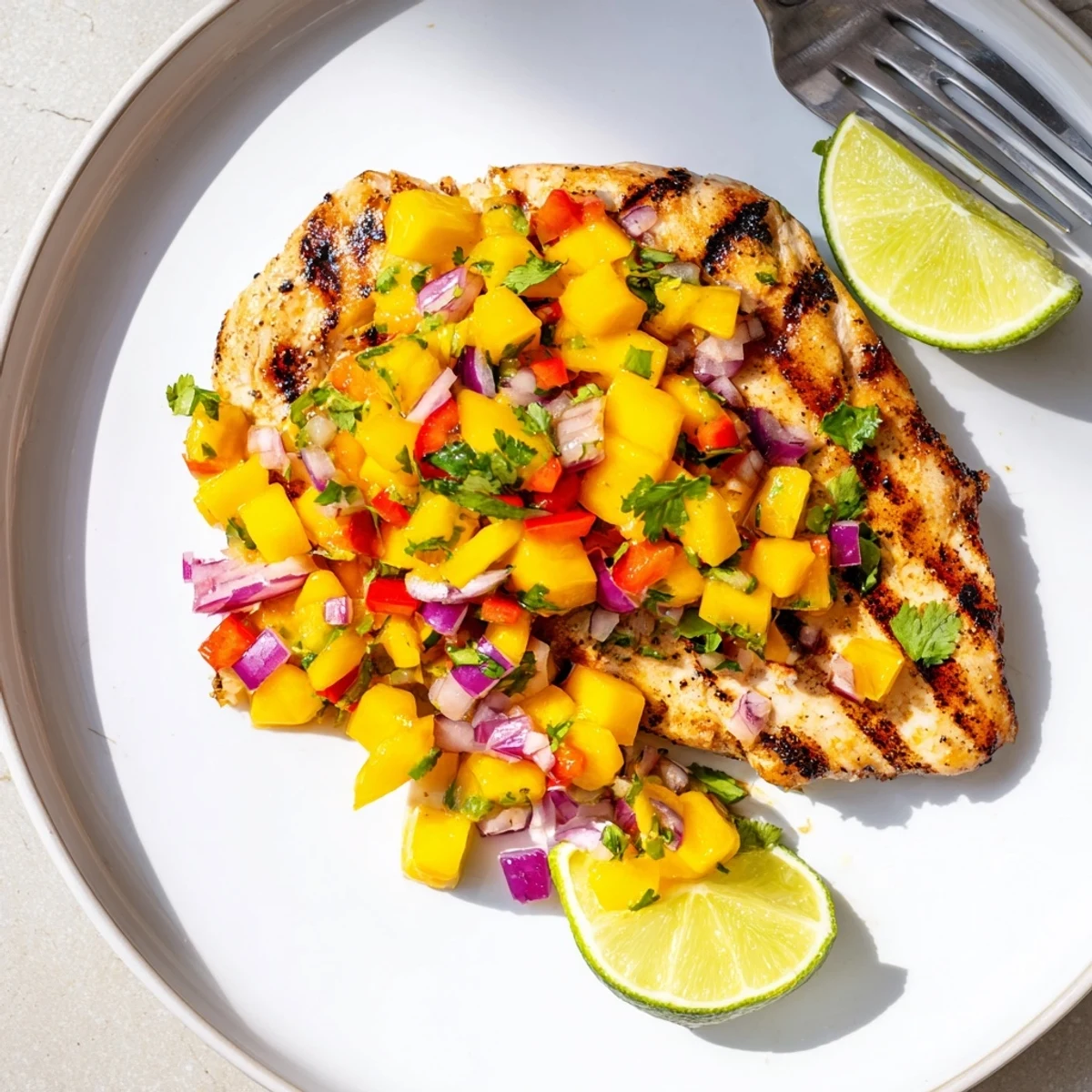 Summer-ready honey lime chicken plated with vibrant mango salsa, lime wedges, and chopped cilantro for garnish