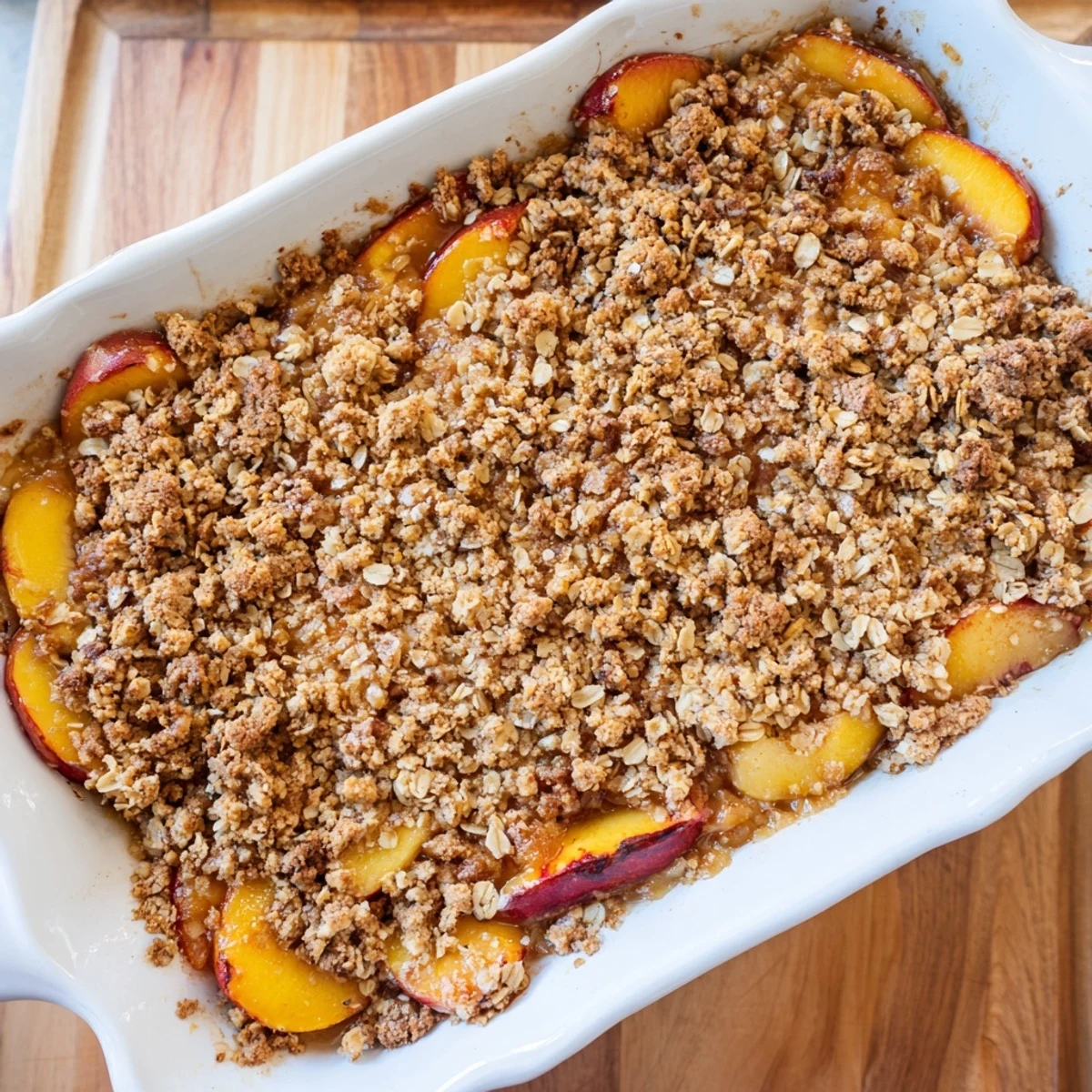 Warm cinnamon spiced peach crumble fresh from the oven with crispy brown sugar oat topping