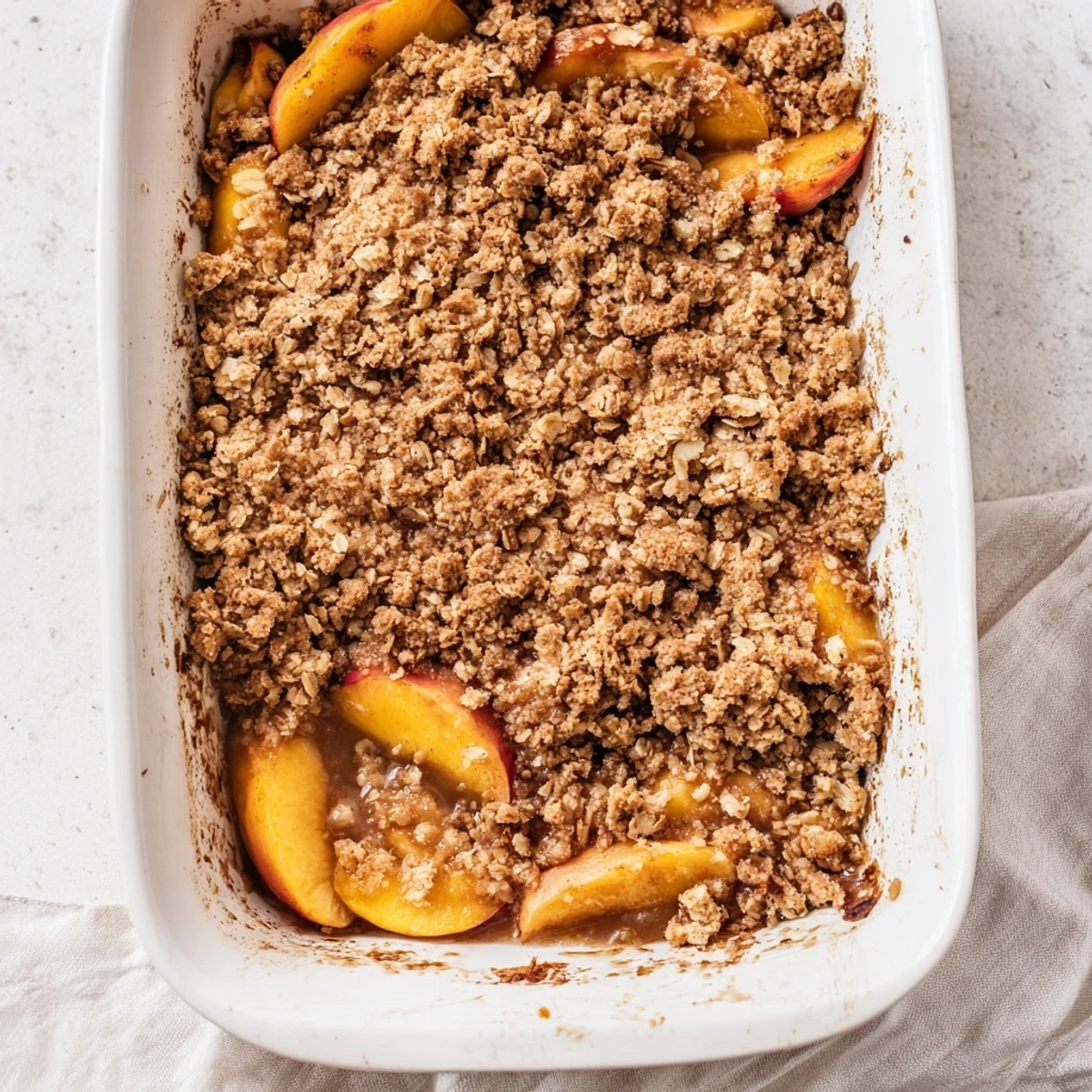 Comforting baked peach crumble spiced with cinnamon and served warm with vanilla ice cream scoop