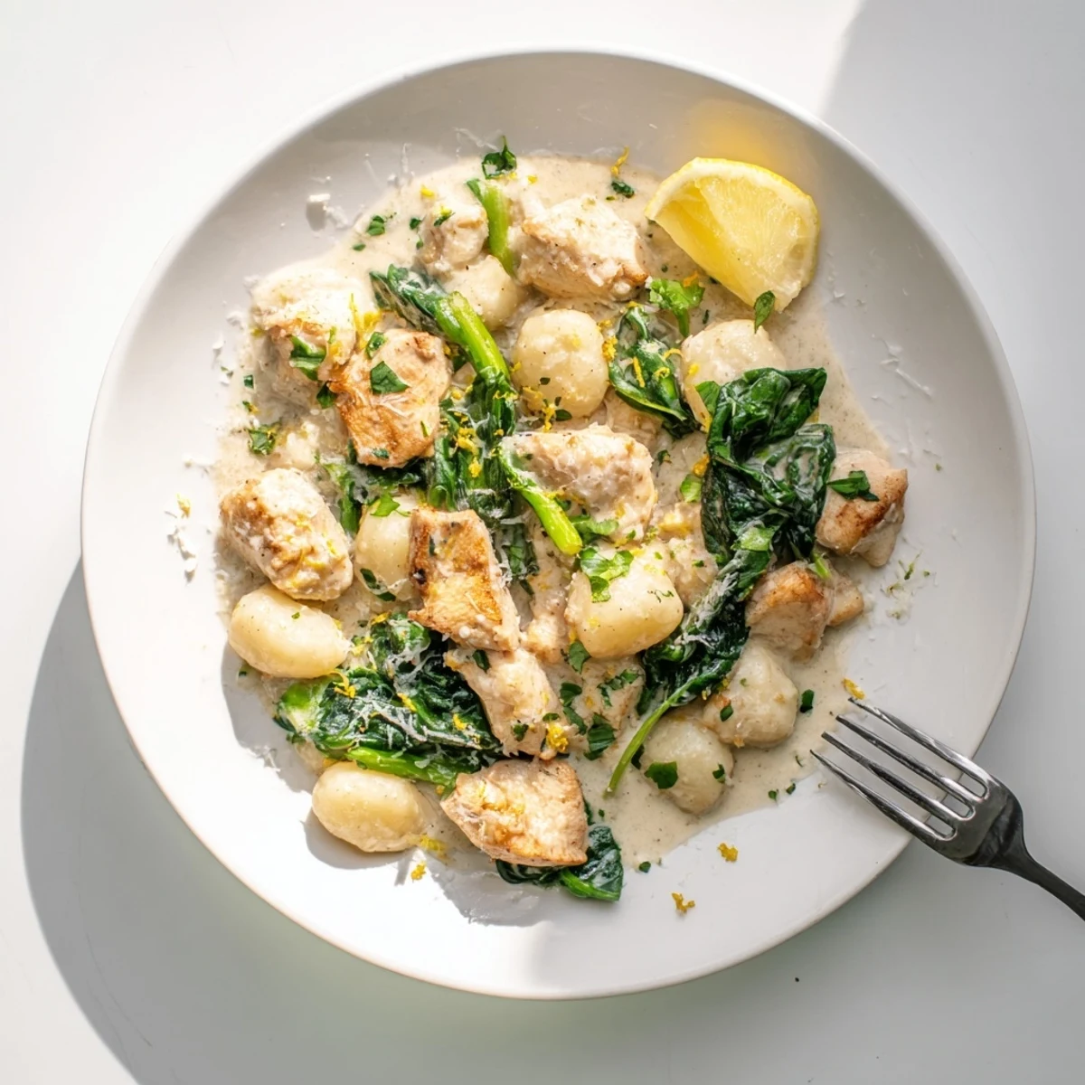 Creamy one pan lemon chicken gnocchi in a white skillet with wilted spinach