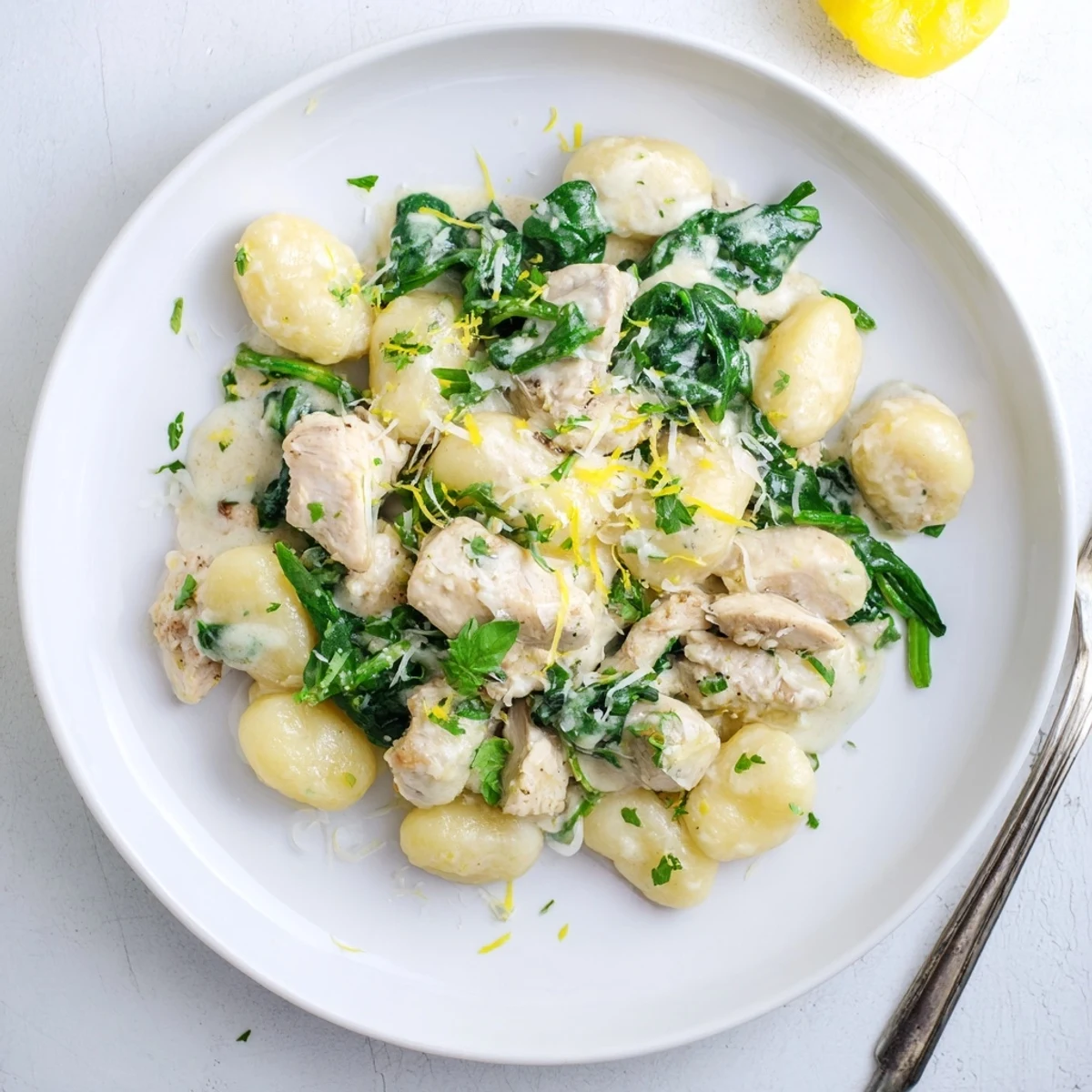 Skillet of lemon chicken gnocchi garnished with fresh parsley and parmesan cheese