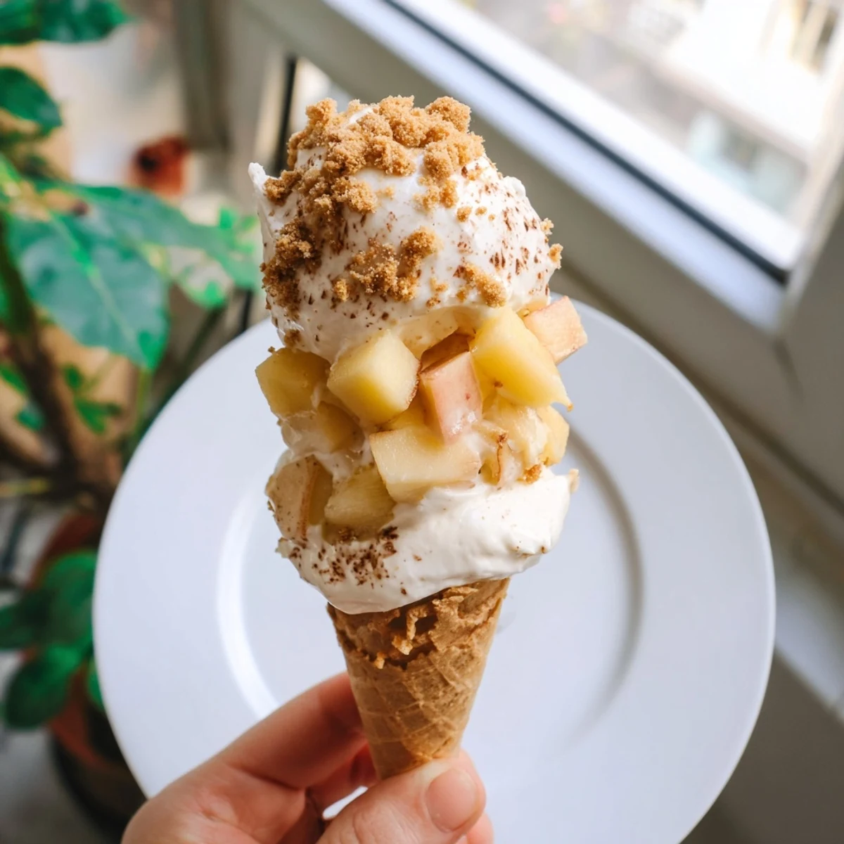 Handheld peach cobbler cheesecake cones with creamy vanilla filling and fresh summer peaches