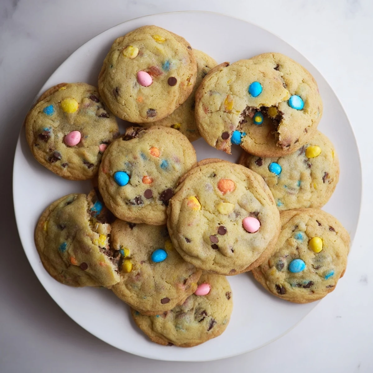 Golden mini egg cookies topped with colorful candy pieces on a white plate
