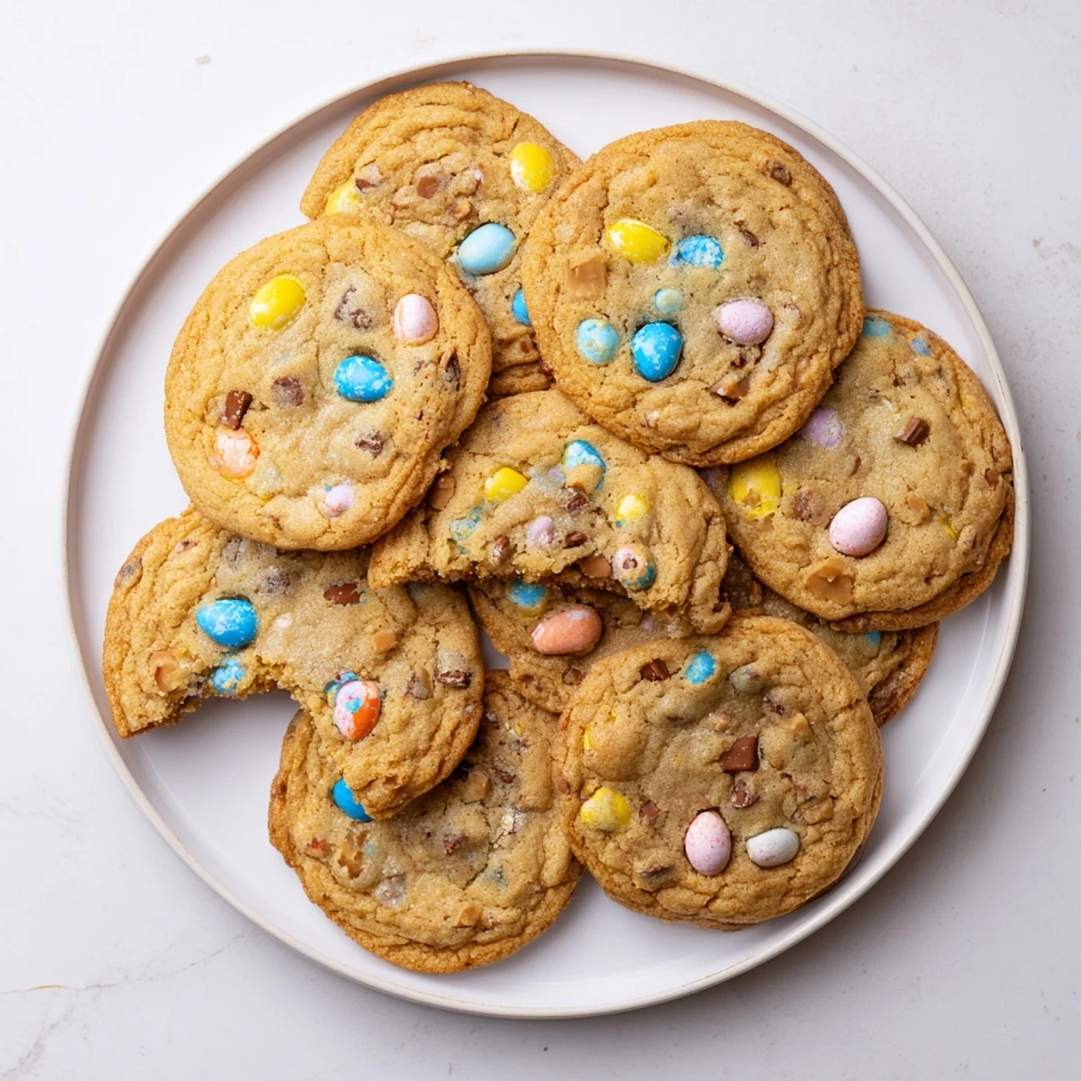Soft-baked mini egg cookies with pastel candy eggs scattered across the surface