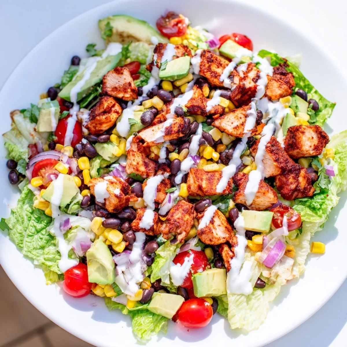 Protein-packed healthy BBQ chicken chopped salad featuring grilled meat, crisp corn, black beans, and ripe avocado