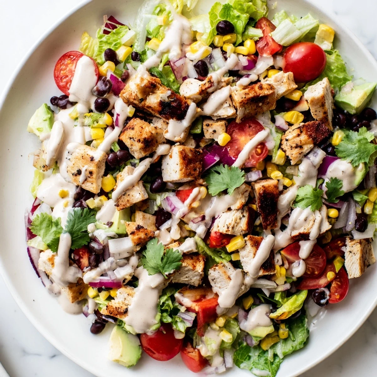 Colorful healthy BBQ chicken chopped salad bowl with grilled chicken, fresh vegetables, and creamy dressing
