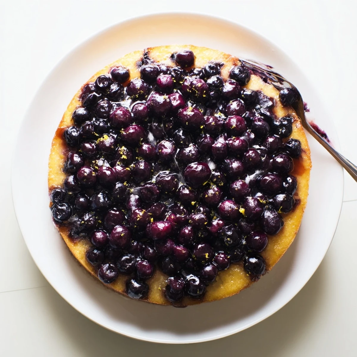 Golden blueberry upside down cake with glistening caramelized fruit topping on a white plate