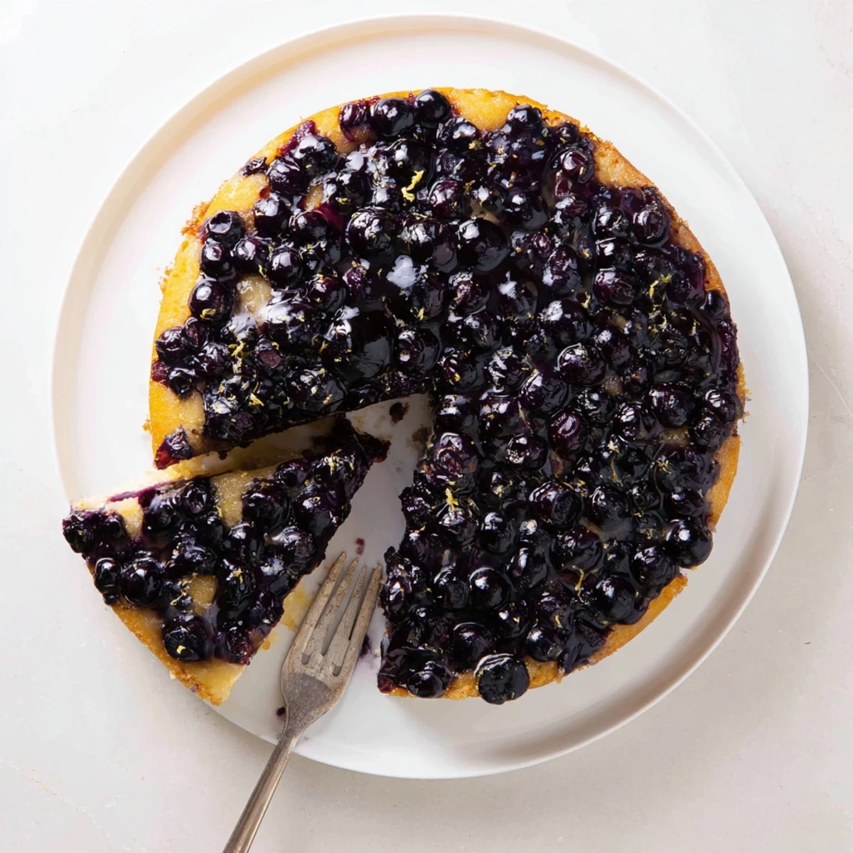 Fresh blueberry upside down cake served warm with whipped cream and caramelized fruit crown