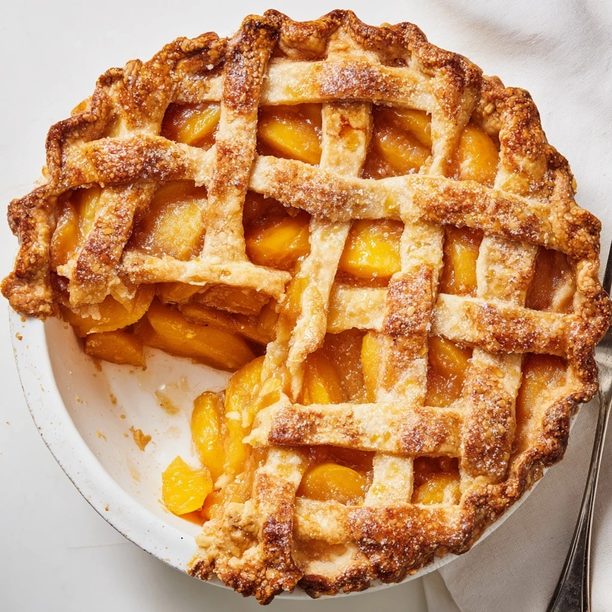 Homemade Southern peach pie showcasing sweet sliced peaches in buttery golden pastry crust