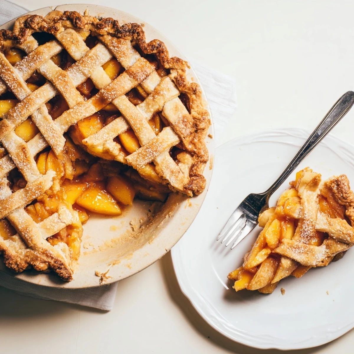 Golden brown Southern peach pie with bubbling fruit filling and flaky lattice crust