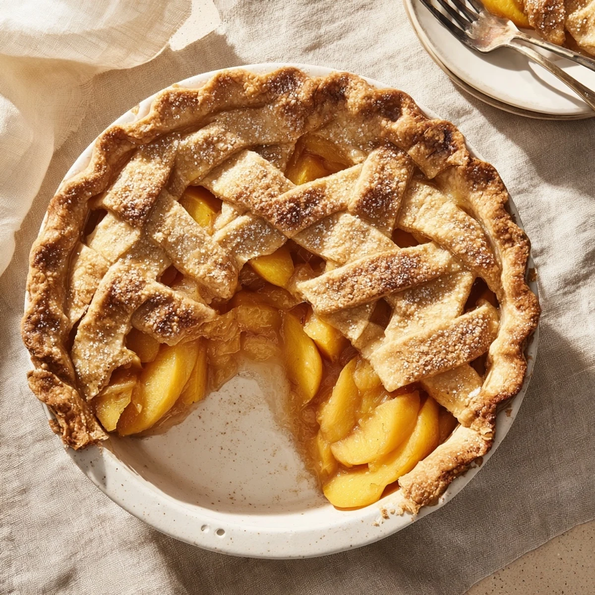 Slice of warm Southern peach pie served with vanilla ice cream on white plate