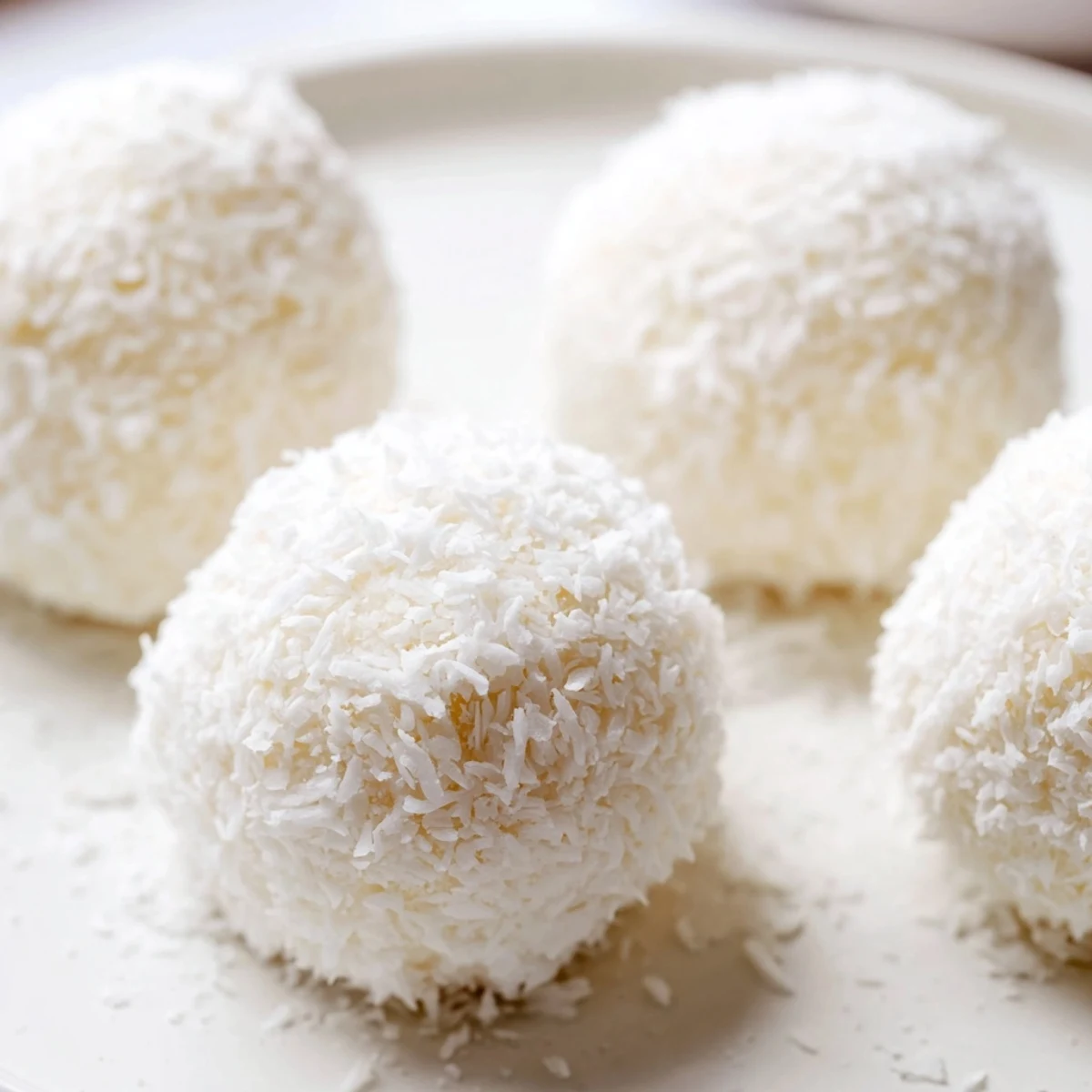Glossy white no bake Easter bunny coconut tails arranged on a wooden board with spring decorations