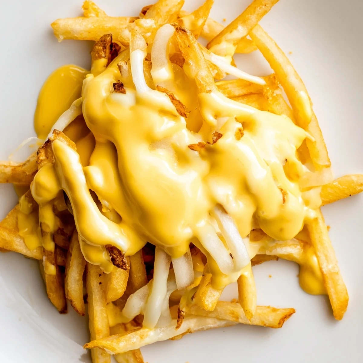 Golden homemade cheese sauce for fries drizzled generously over crispy golden potato wedges
