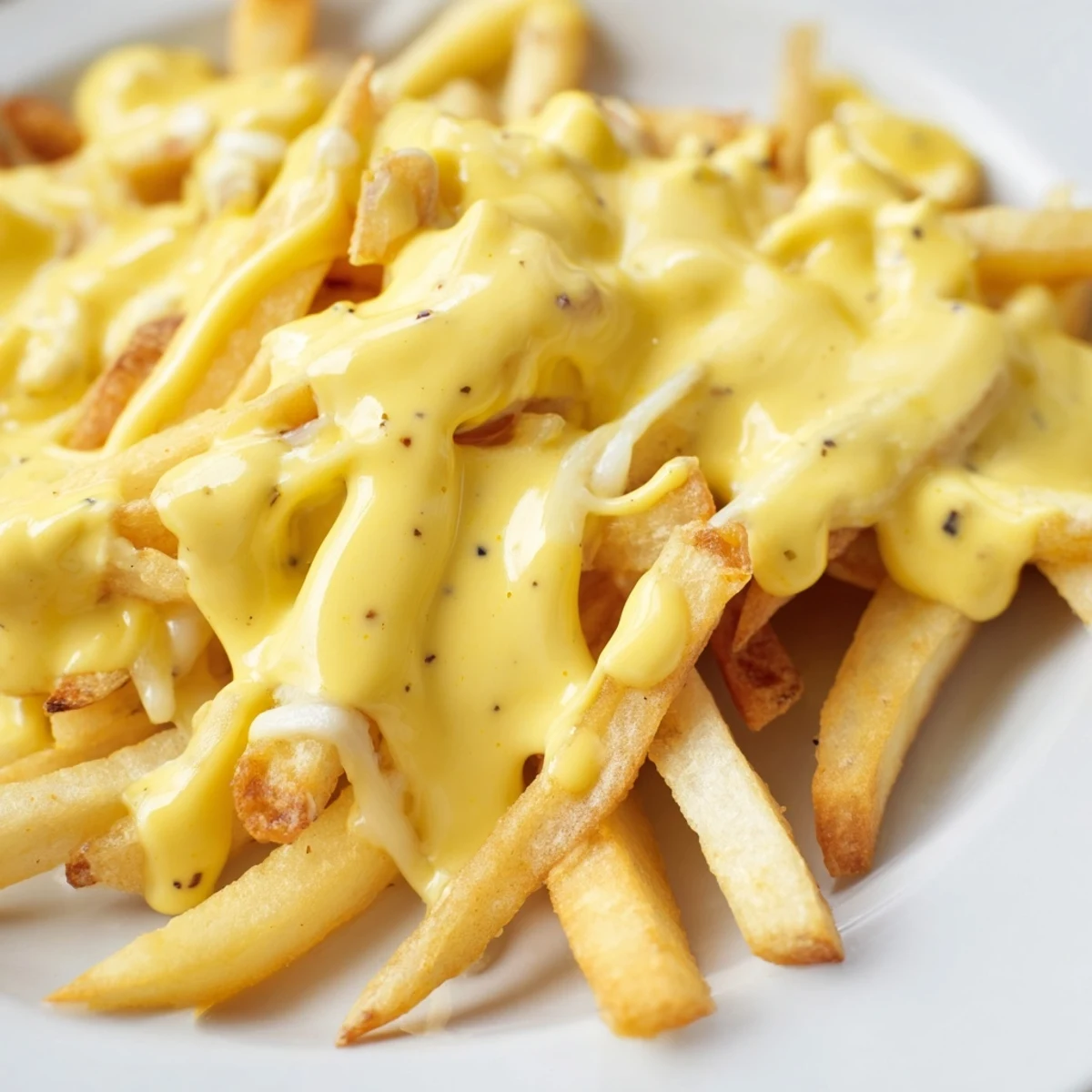 Creamy cheddar cheese sauce for fries served in a white ramekin with melted texture