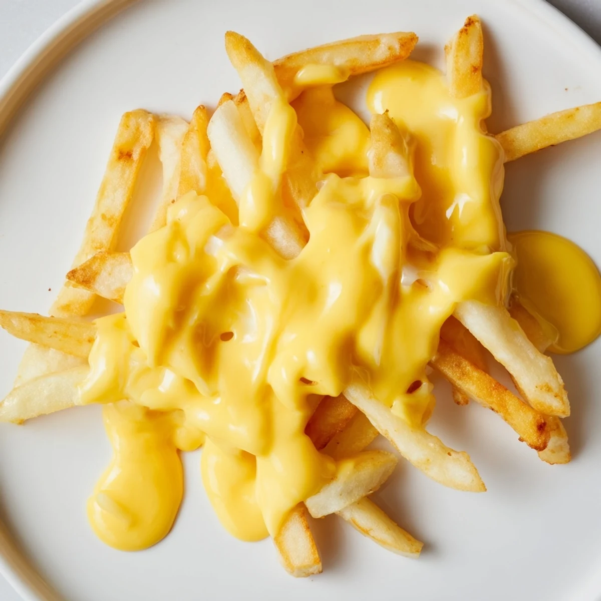 Smooth cheese sauce for fries being poured from a ladle onto a pile of fries