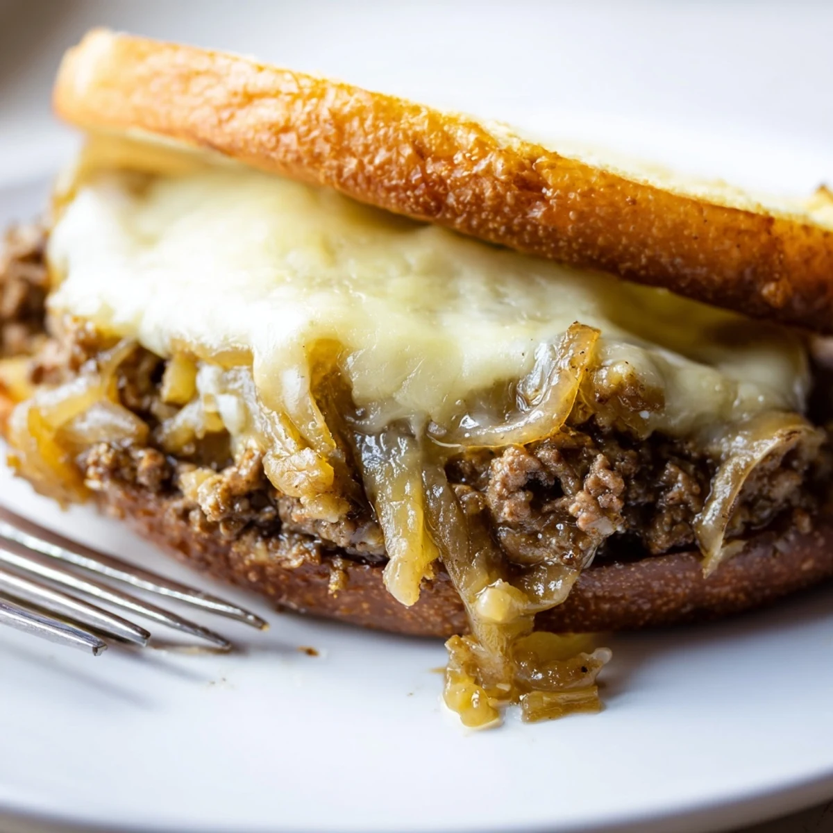 Golden caramelized onions and seasoned ground beef piled on toasted brioche buns with melted provolone
