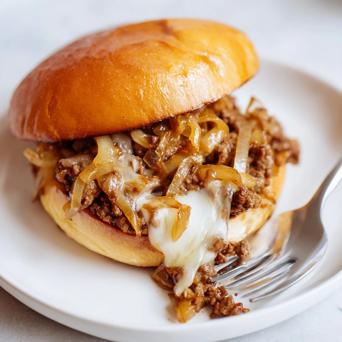 French onion beef sloppy jores sandwich dripping with rich beef and onion mixture under melted cheese