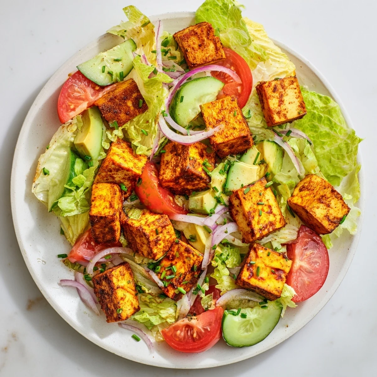 Vegan smoky tofu arranged on vibrant bed of lettuce and tomatoes, garnished with chives and crisp cucumber slices