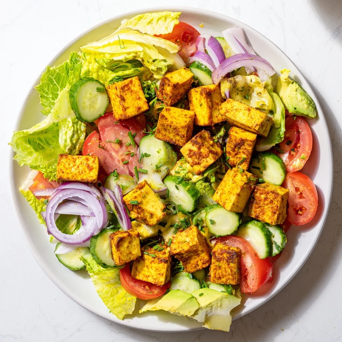 Summer smoky tofu lettuce tomato salad featuring warm seasoned tofu atop fresh crunchy vegetables and tangy lemon dressing